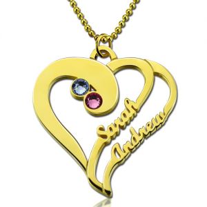 Two Heart Forever Name Necklace with Birthstone In Gold