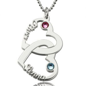 Heart in Heart Names Necklace with Birthstones Sterling Silver