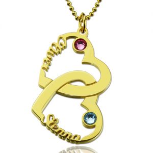 Heart in Heart Names Necklace with Birthstones Gold Plated Silver
