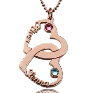 Heart in Heart Names Necklace with Birthstones In Rose Gold