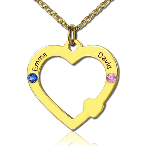 18k Gold Open Heart Necklace with Double Name & Birthstone