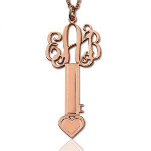 Rose Gold Key Heart Necklace with Monogram Initial