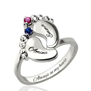 Engraved Baby Feet Birthstone Ring for Mom Platinum Plated