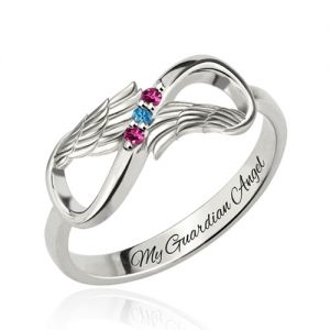 Engraved Angel Wings Infinity Ring with Birthstones Silver