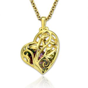 Heart Cage Family Tree Necklace With Birthstones Gold Plated