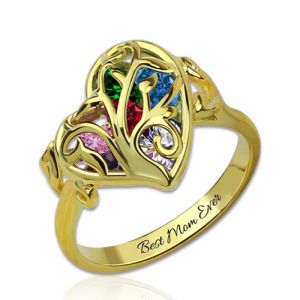 Family Tree Heart Cage Ring With Heart Birthstones Gold Plated