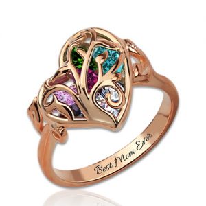 Family Tree Heart Cage Ring With Heart Birthstones In Rose Gold