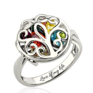 Round Cage Family Tree Ring with Birthstone Platinum Plated