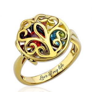 Round Cage Ring Family Tree Ring with Birthstone Gold Plated