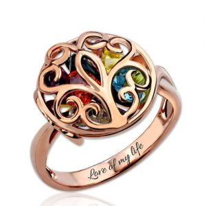 Round Cage Ring Family Tree Ring with Birthstone In Rose Gold