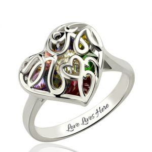 Mother's Heart Cage Ring With Birthstones Platinum Plated