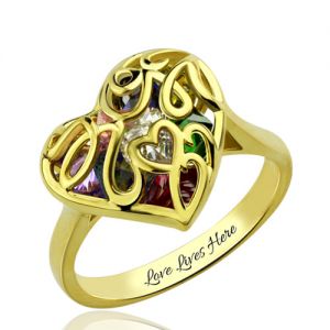 Mother's Heart Cage Ring With Birthstones Gold Plated