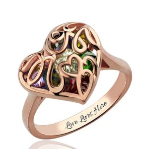 Mother's Heart Cage Ring With Birthstones In Rose Gold
