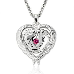 Angel Wings Baby Feet Necklace With Birthstone Platinum Plated