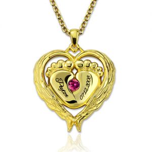 Angel Wings Baby Feet Necklace With Birthstone Gold Plated