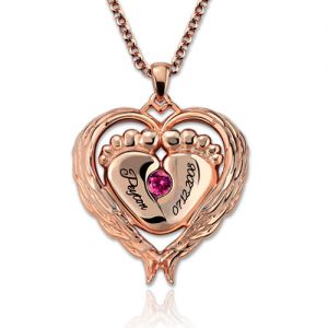 Angel Wings Baby Feet Necklace With Birthstone In Rose Gold