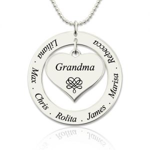 Circle Grandma Heart Pendant Necklace Engraved Kids Names