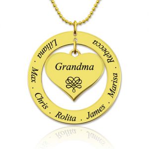 Engraved Circle Necklace Grandma Heart Pendant Gold Plated