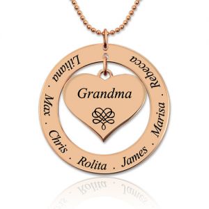 Engraved Circle Necklace Grandma Heart Pendant In Rose Gold