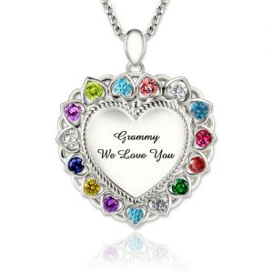Grandma Heart Necklace With Birthstones Platinum Plated