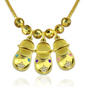 Engraved Baby Shoe Charm Necklace with Birthstones Gold Plated