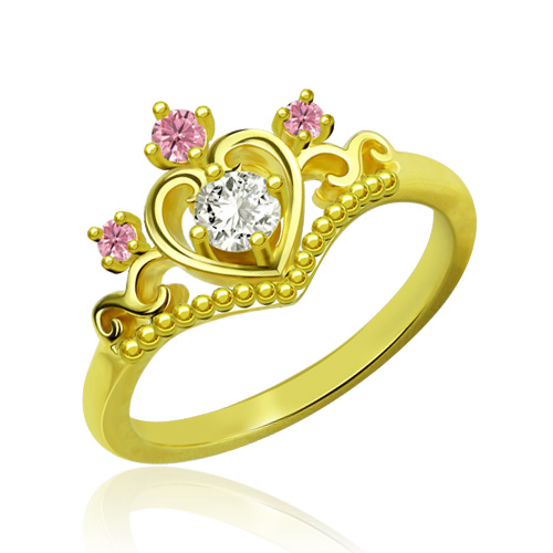Princess Tiara Heart Ring With Birthstones Gold Plated