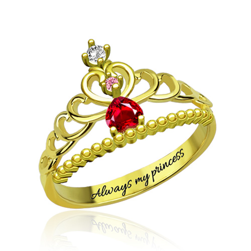 Fairytale Princess Tiara Birthstone Engraved Ring Gold Plated