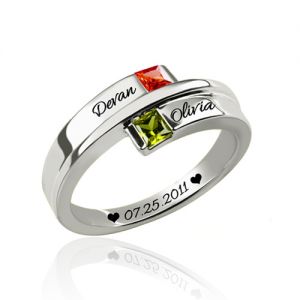 Engraved Double-Square Birthstones Ring Platinum Plated