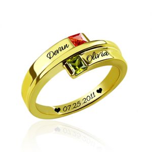 Engraved Double Square Birthstone Rings Gold Plated