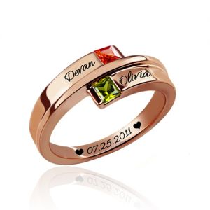 Engraved Double Square Birthstone Rings In Rose Gold