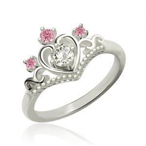 Princess Tiara Ring With Birthstone Platinum Plated