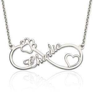 Customized Infinity Paw Print Name Necklace Silver