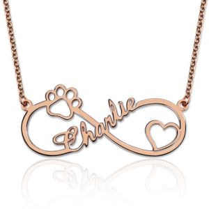 Customized Infinity Paw Print Name Necklace In Rose Gold
