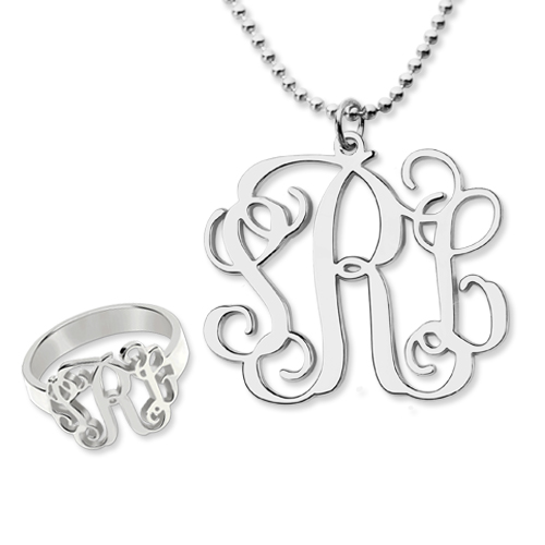 Monogram Ring & Monogram Necklace Set Sterling Silver
