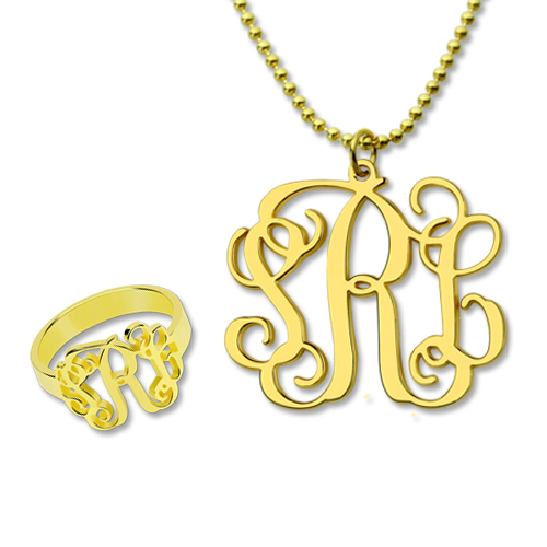 Monogram Ring & Monogram Necklace Set Gold Plated