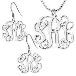 Customized Small Monogram Necklace & Earrings Set Sterling Silver