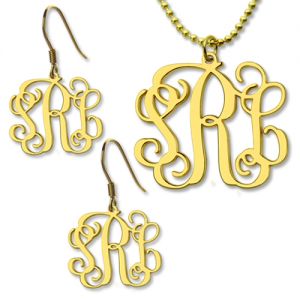 Customized Small Monogram Necklace & Earrings Set Gold Plated