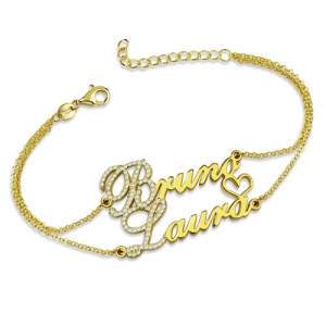 Two Names With Birthstones-Double Chain Bracelet Gold Plated