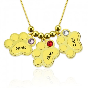 Multiple Engraved Paw Names Necklace With Birthstones Gold Plated