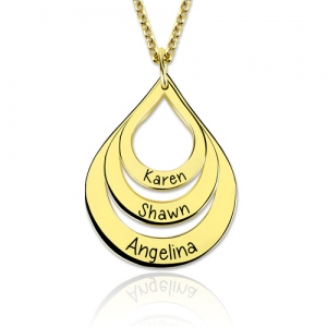 Engraved Drop Shaped 3 Names Necklace Gold Plated