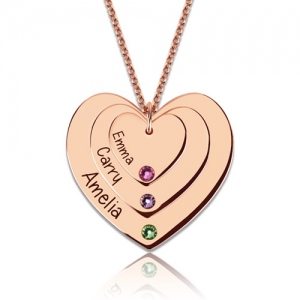 Triple Heart Necklace With Birthstones In Rose Gold