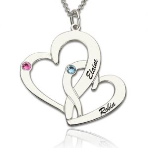 Interlocking Two Heart Necklace with Name & Birthstone