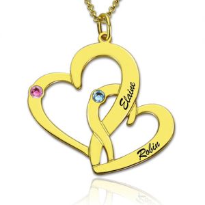 Interlocking Two Hearts Name Necklace with Birthstone Gold