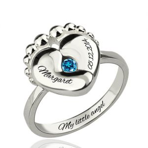 Engraved Baby Feet Birthstone Ring For New Mom Silver