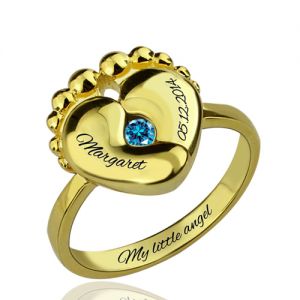 Baby Feet Birthstone Ring For New Mom Gold Plated Silver