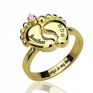 Engraved Baby Feet Ring with Birthstone Gold Plated Silver