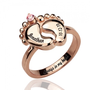 Engraved Baby Feet Ring with Birthstone In Rose Gold