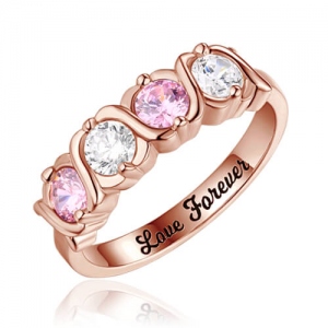 Custom 4 Birthstones Hugs and Kisses XoXo Ring In Rose Gold