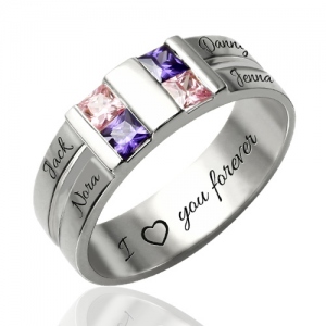 Custom Engraved Four Birthstones Ring Sterling Silver Promise Jewelry Gift