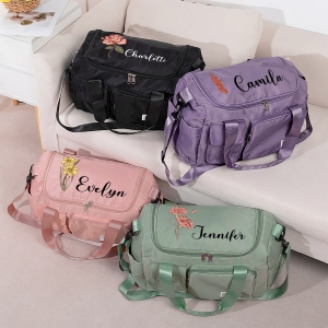 Custom Name Birth Flower Duffle Bag with Shoulder Strap, Waterproof Weekender Bag, Travel Overnight Bag, Birthday/Back to School Gift for Women/Girls